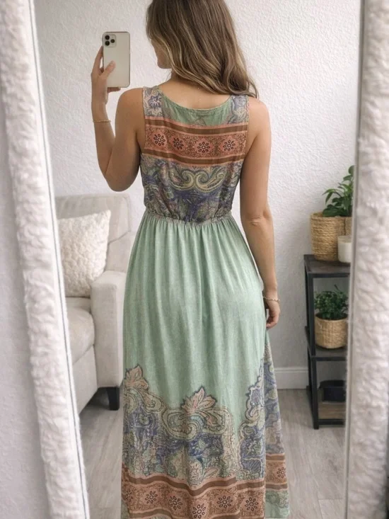 Sleeveless Mint Paisley Maxi Dress - Picture 3 of 5